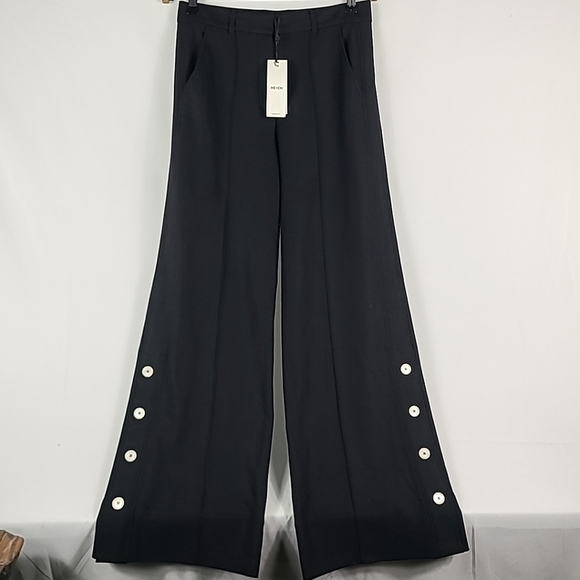 NEW ME + EM Button Hem Wide Leg High Waist Black Pants Wool...